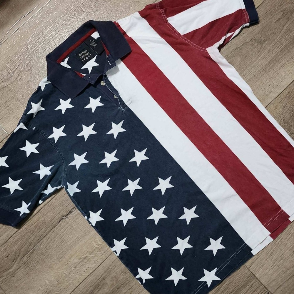Cotton Traders Sport Mens Medium American Flag Polo Shirt Vintage Stars Stripes